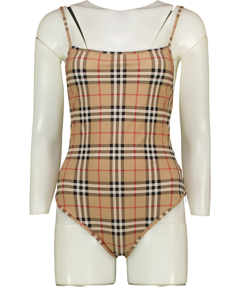 BURBERRY Archive Beige Iconic Check One-piece Swimsuit UK S