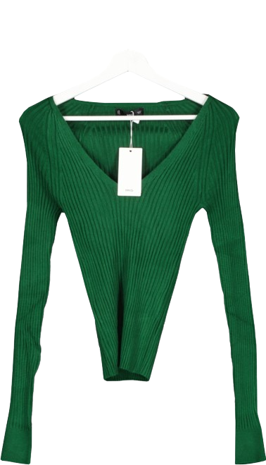 MANGO Green V-neck Ribbed Knit Sweater BNWT  UK S