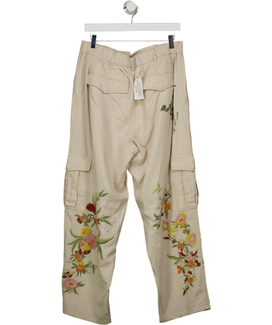 Anthropologie Beige Pilcro Embroidered Botanical Slim Beach Cargo Trousers UK M