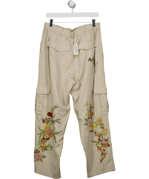 Anthropologie Beige Pilcro Embroidered Botanical Slim Beach Cargo Trousers UK M