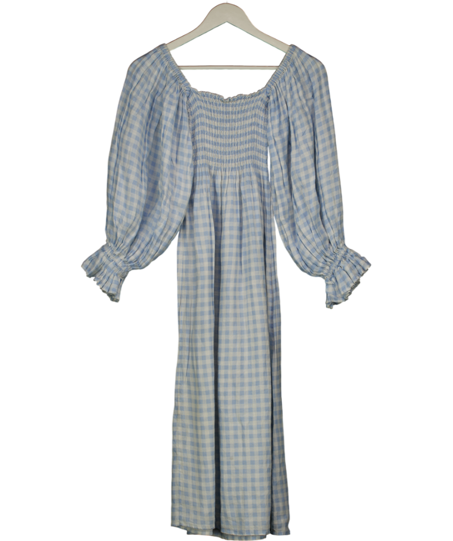 SLEEPER Atlanta Baby Blue & White Gingham Smocked Linen Midi Dress UK XS