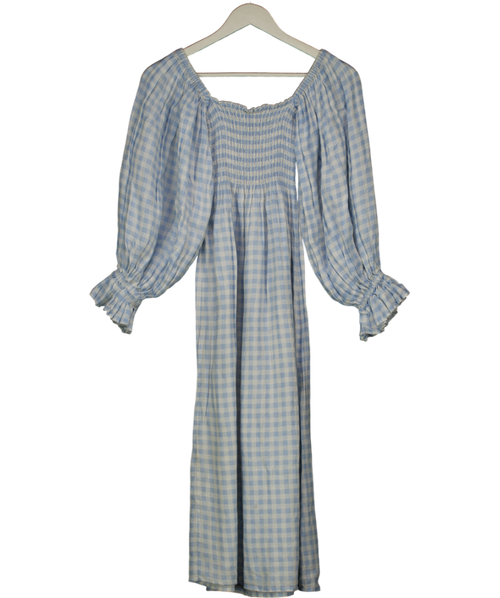 SLEEPER Atlanta Baby Blue & White Gingham Smocked Linen Midi Dress UK XS
