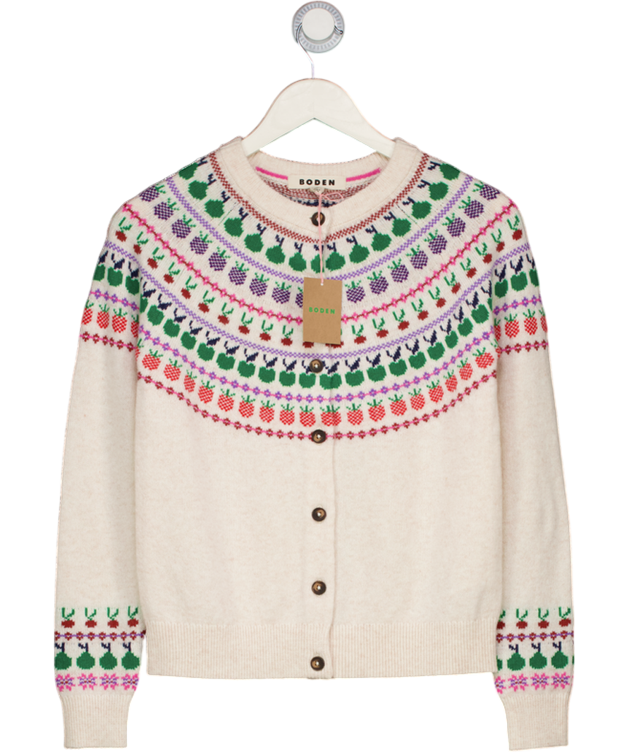 BODEN Cream Edie Fair Isle Fruits Wool Blend Cardigan, UK XS