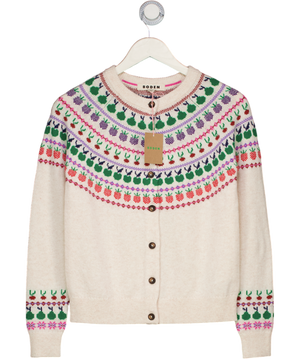BODEN Cream Edie Fair Isle Fruits Wool Blend Cardigan, UK XS
