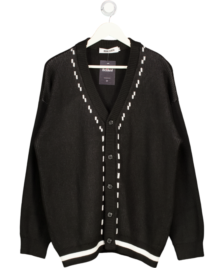 REALTAKAI Black Knitted V-neck Contrast Detail Cardigan Sweater UK M