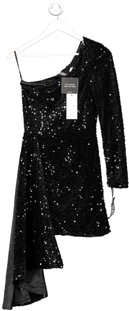 Club L London Black Sequin Velvet One Shoulder Mini Dress UK 10