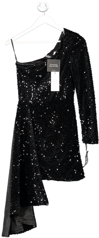Club L London Black Sequin Velvet One Shoulder Mini Dress UK 10