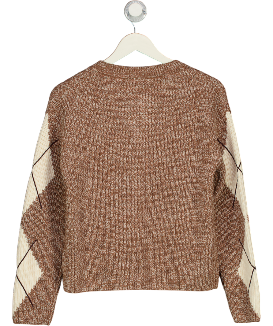M&S Beige Cotton Rich Argyle Crew Neck Cardigan UK S