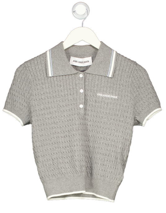 ANN ANDELMAN Grey Embroidered Logo Cotton Cable Knit Polo Sweater UK M