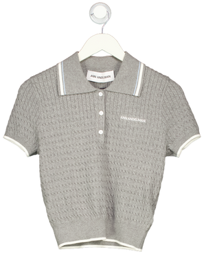 ANN ANDELMAN Grey Embroidered Logo Cotton Cable Knit Polo Sweater UK M
