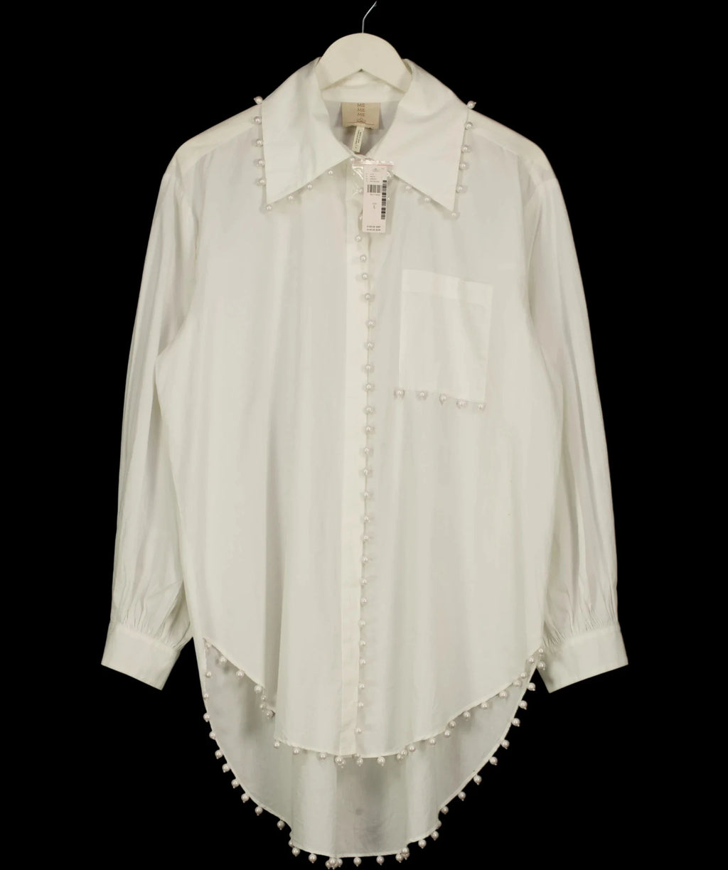 BY ANTHROPOLOGIE White Mememe Pearl Embellished Buttondown Tunic Oversize SHirt, size UK L — detail