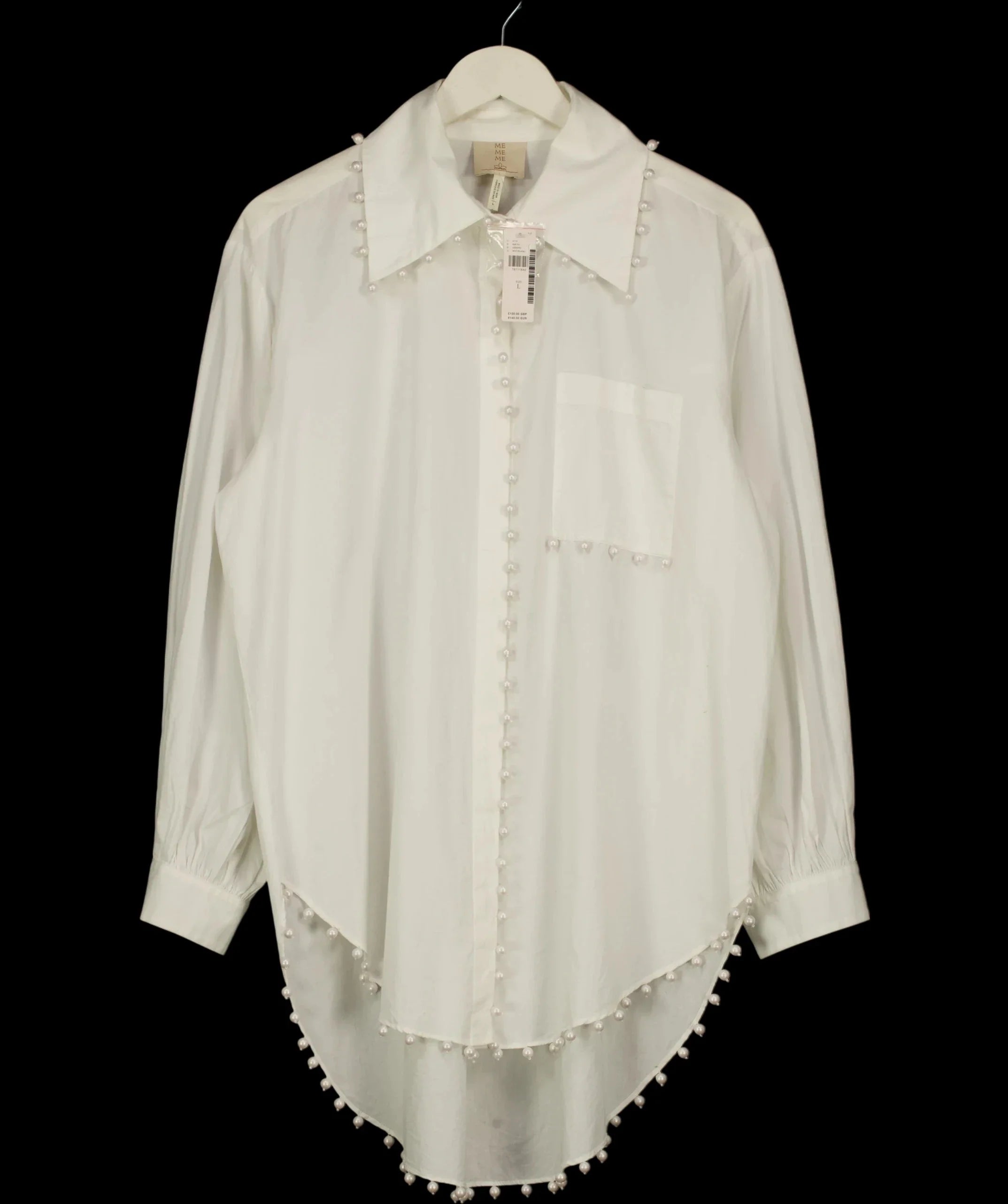 BY ANTHROPOLOGIE White Mememe Pearl Embellished Buttondown Tunic Oversize SHirt, size UK L — detail