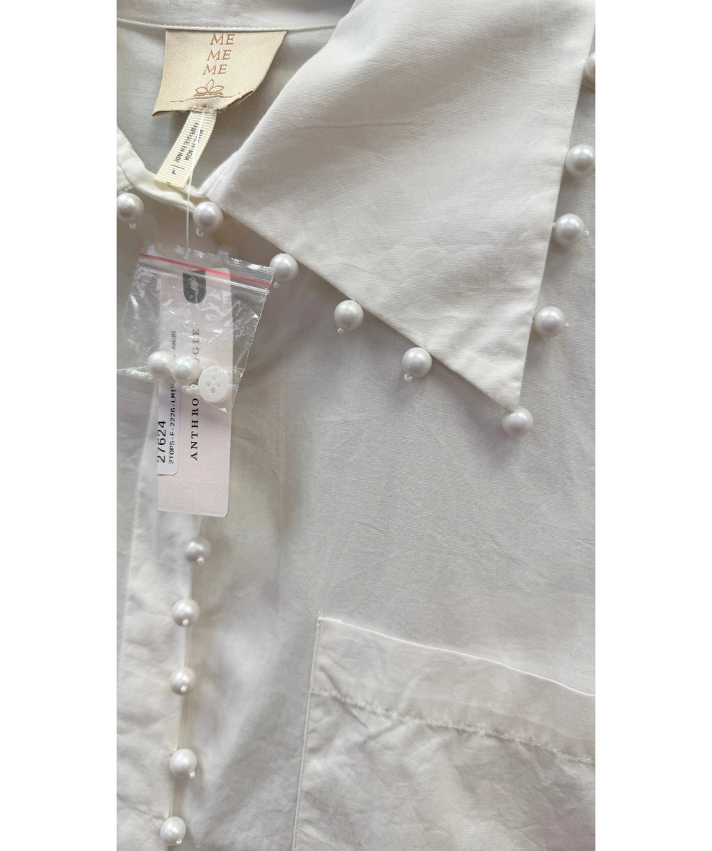BY ANTHROPOLOGIE White Mememe Pearl Embellished Buttondown Tunic Oversize SHirt, size UK L — care label