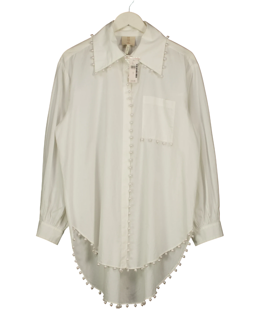 BY ANTHROPOLOGIE White Mememe Pearl Embellished Buttondown Tunic Oversize SHirt, size UK L — front