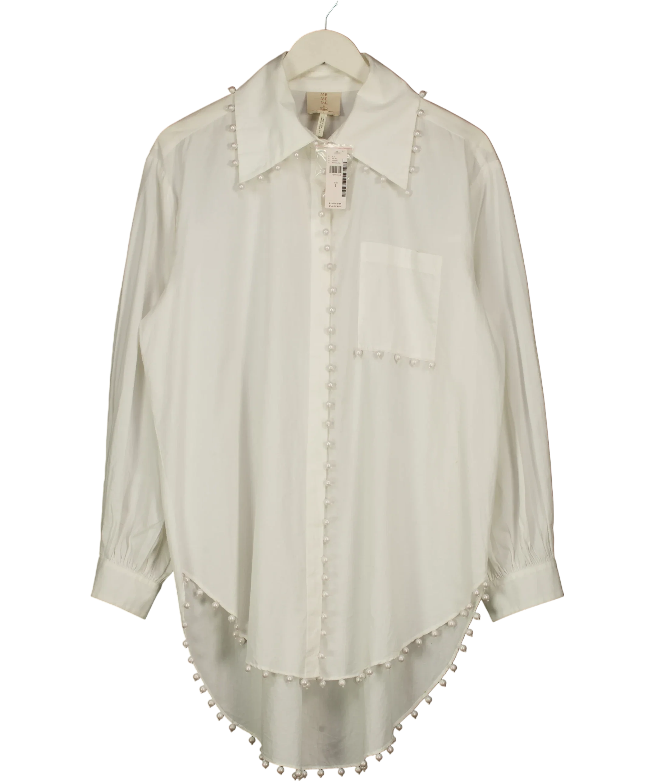 BY ANTHROPOLOGIE White Mememe Pearl Embellished Buttondown Tunic Oversize SHirt, size UK L — front