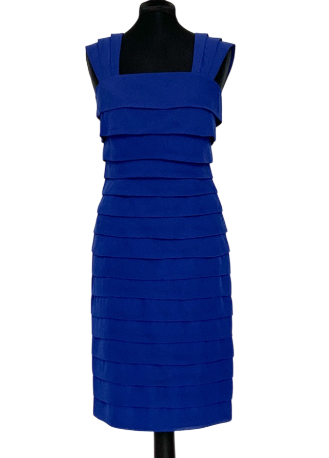 Jaeger Blue Cobalt Frilly Layered Square neck Bodycon Dress UK 8