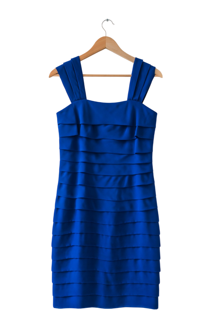Jaeger Blue Cobalt Frilly Layered Square neck Bodycon Dress UK 8