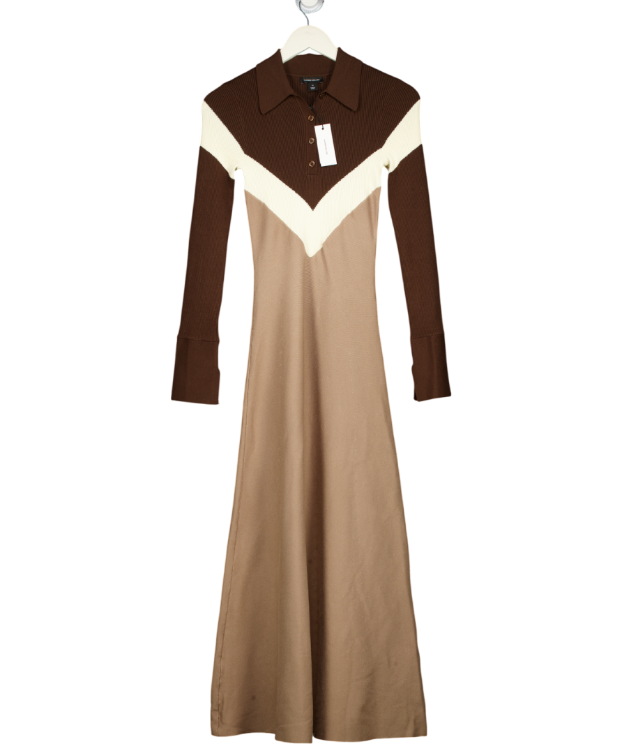 KAREN MILLEN Brown Viscose Blend Rib Knit Polo Top Maxi Dress UK XS