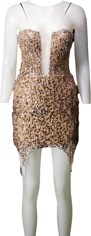 Milla Metallic Radiant Embellished Mini Dress In Gold With A Plunging Neckline UK XS