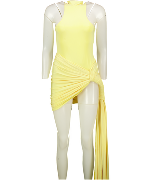 SVELTE 2-piece High Neck Yellow Bodysuit & Ruched Skirt Set UK M