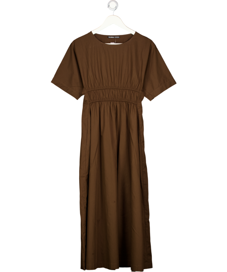 Threadbare Brown Elasticated Waist Cotton Poplin Midi Dress In Chocolate UK 8