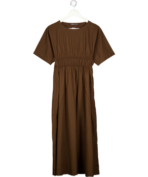 Threadbare Brown Elasticated Waist Cotton Poplin Midi Dress In Chocolate UK 8