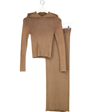 Stradivarius Brown Ribbed Knit Hoodie (m) And Midi Skirt (s) Set UK S/M