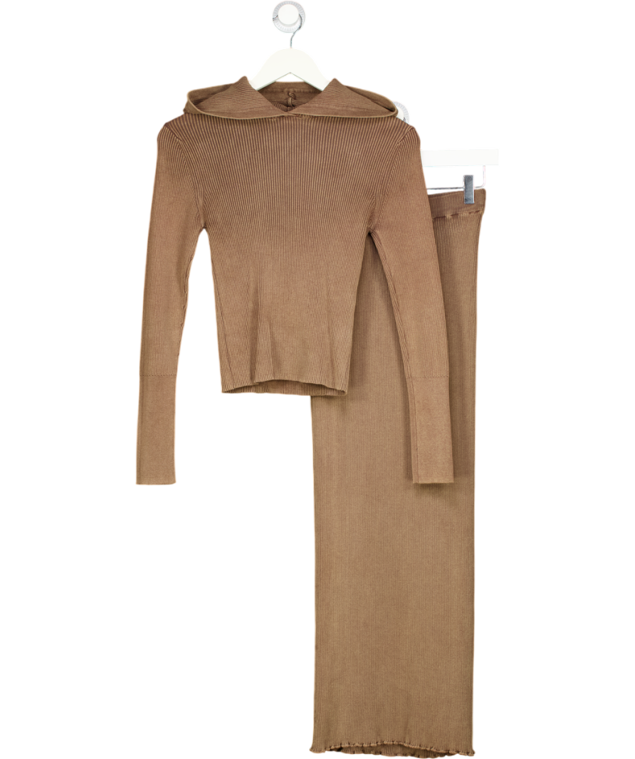 Stradivarius Brown Ribbed Knit Hoodie (m) And Midi Skirt (s) Set UK S/M