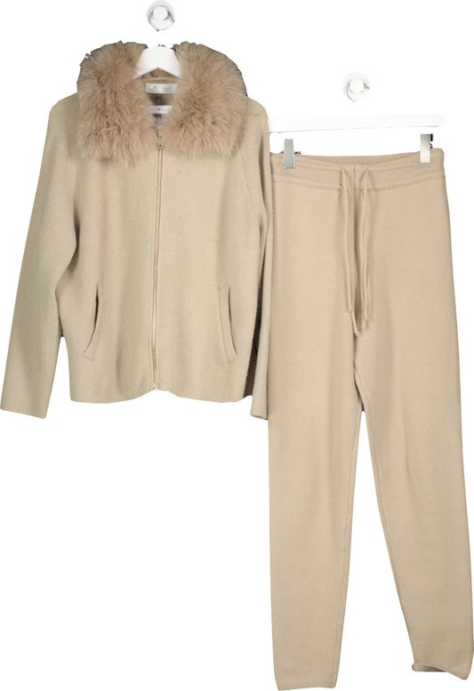 Orlinn Beige Knitted Trouser And Zip Jacket With Faux Fur Collar Co-ord UK S/M