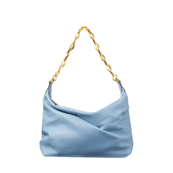 JIMMY CHOO Smokey Blue  Soft Calf Leather Hobo Bag with Gold Chunky Chain & Leather Straps