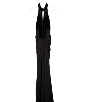 Karen Millen Black Stretch Velvet Taping Detail Mesh Halter Neck Maxi Dress UK S