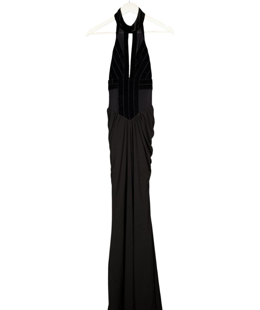 Karen Millen Black Stretch Velvet Taping Detail Mesh Halter Neck Maxi Dress UK S