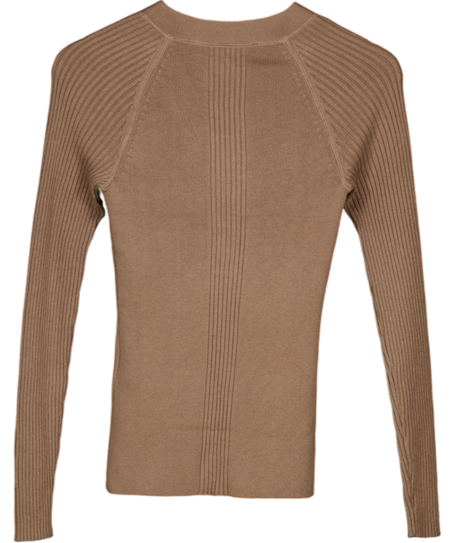 REISS Brown Reece Ribbed Knit V-neck Top UK XS