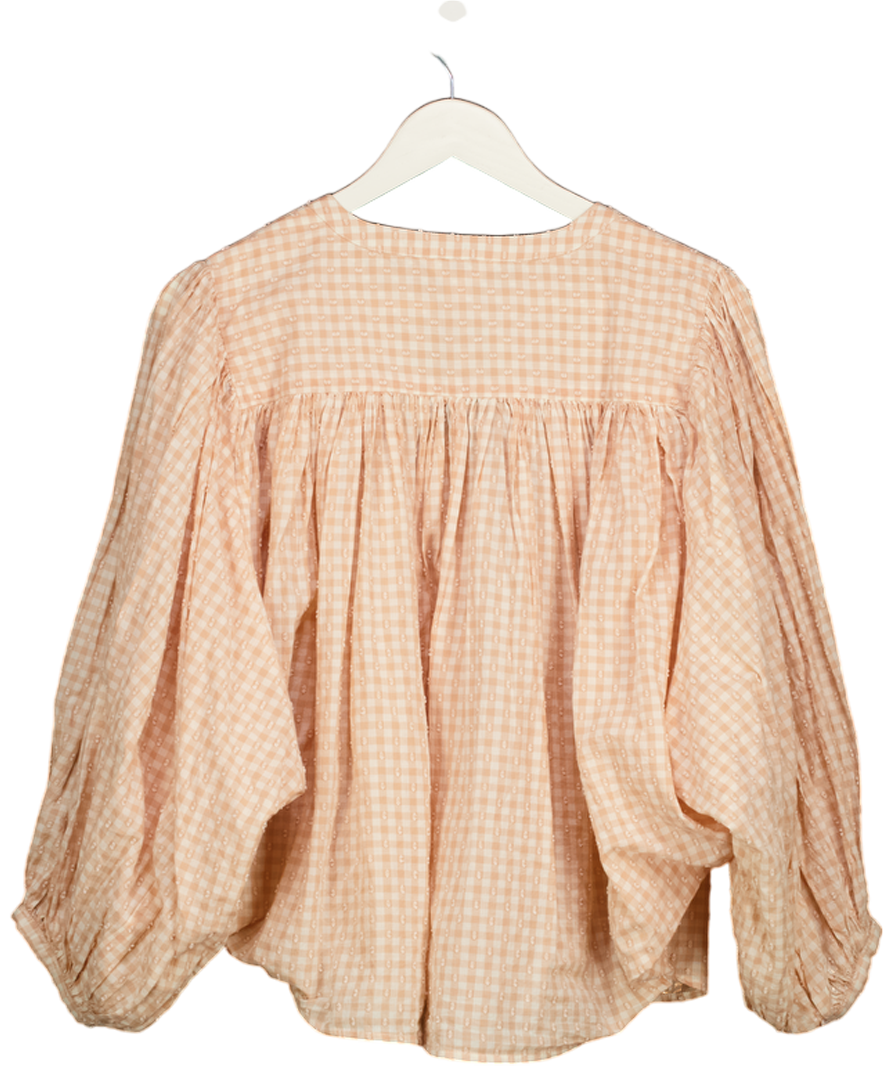 RIVER ISLAND Pink Peach Check Scallop Trim Puff Sleeve Blouse UK 12