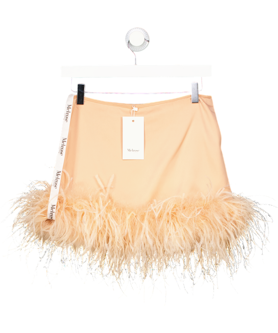 MELROSE HAUS Peach Pink Feather Trim Mini Skirt UK XS