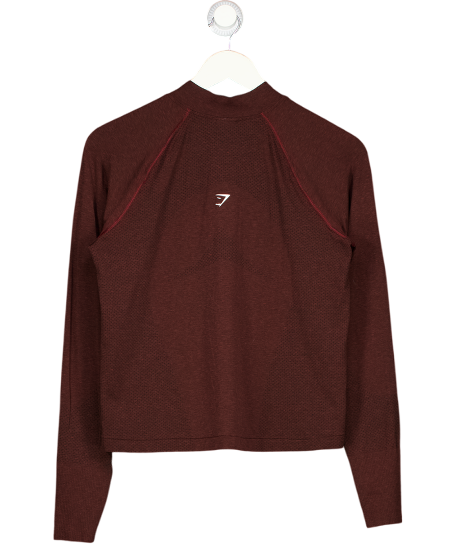 GYMSHARK Burgundy Brown Ling Sleeve 1/4 Zip Seamless Top UK M