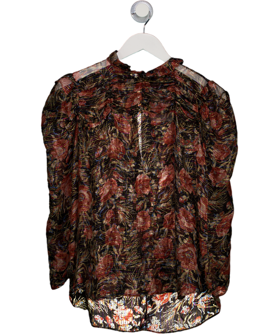 SANDRO Multicoloured Sheer Silk Chiffon Floral  Puff Sleeve Blouse With Metallic Thread UK 12