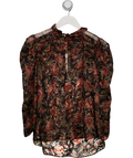 SANDRO Multicoloured Sheer Silk Chiffon Floral  Puff Sleeve Blouse With Metallic Thread UK 12