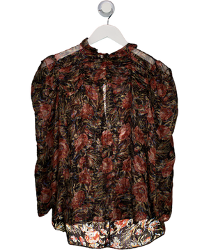 SANDRO Sheer Silk Chiffon Floral  Puff Sleeve Blouse With Metallic Thread UK 12