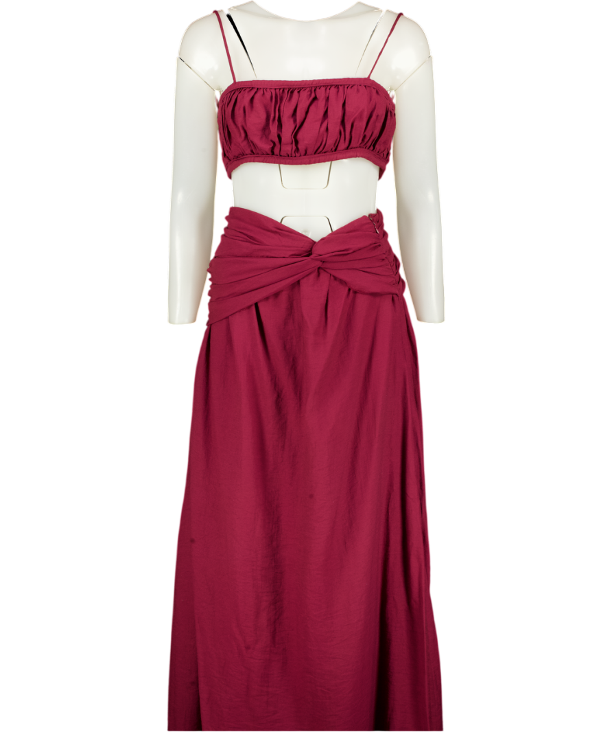 MESHKI 2-piece Dark Red Shirred Linen Bandeau And Knot Front Maxi Skirt Set UK XS