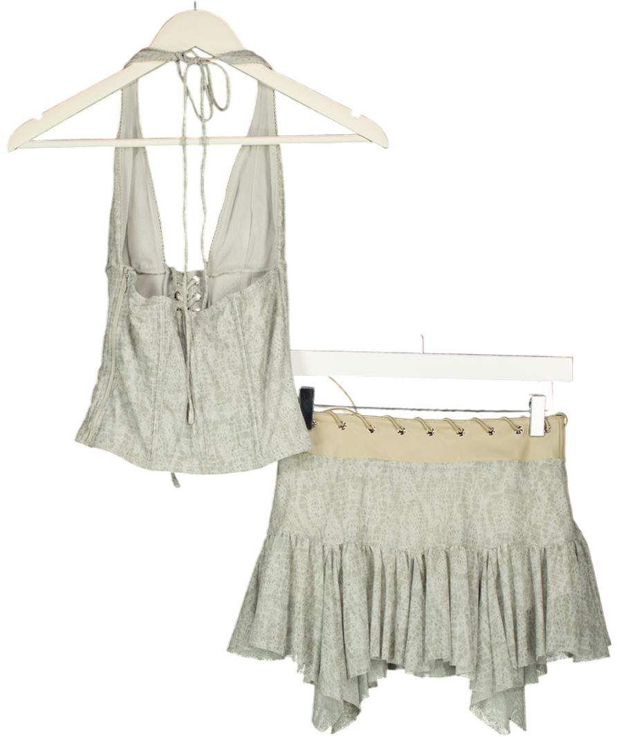 WHITE FOX 2-piece Beige Dancing In Circles  Bustier Top & Mini Skirt Set Halo Mist UK XS