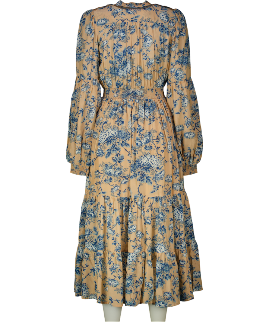 byTimo Blush Pink / Blue Hydrangea Print Shirred Waist Midi Dress UK XS