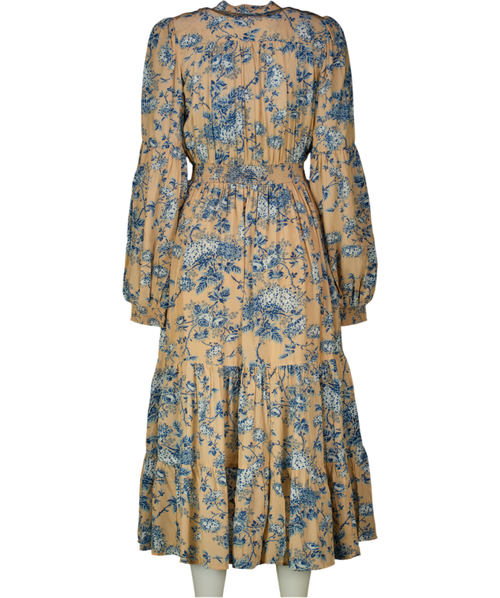 byTimo Blush Pink / Blue Hydrangea Print Shirred Waist Midi Dress UK XS