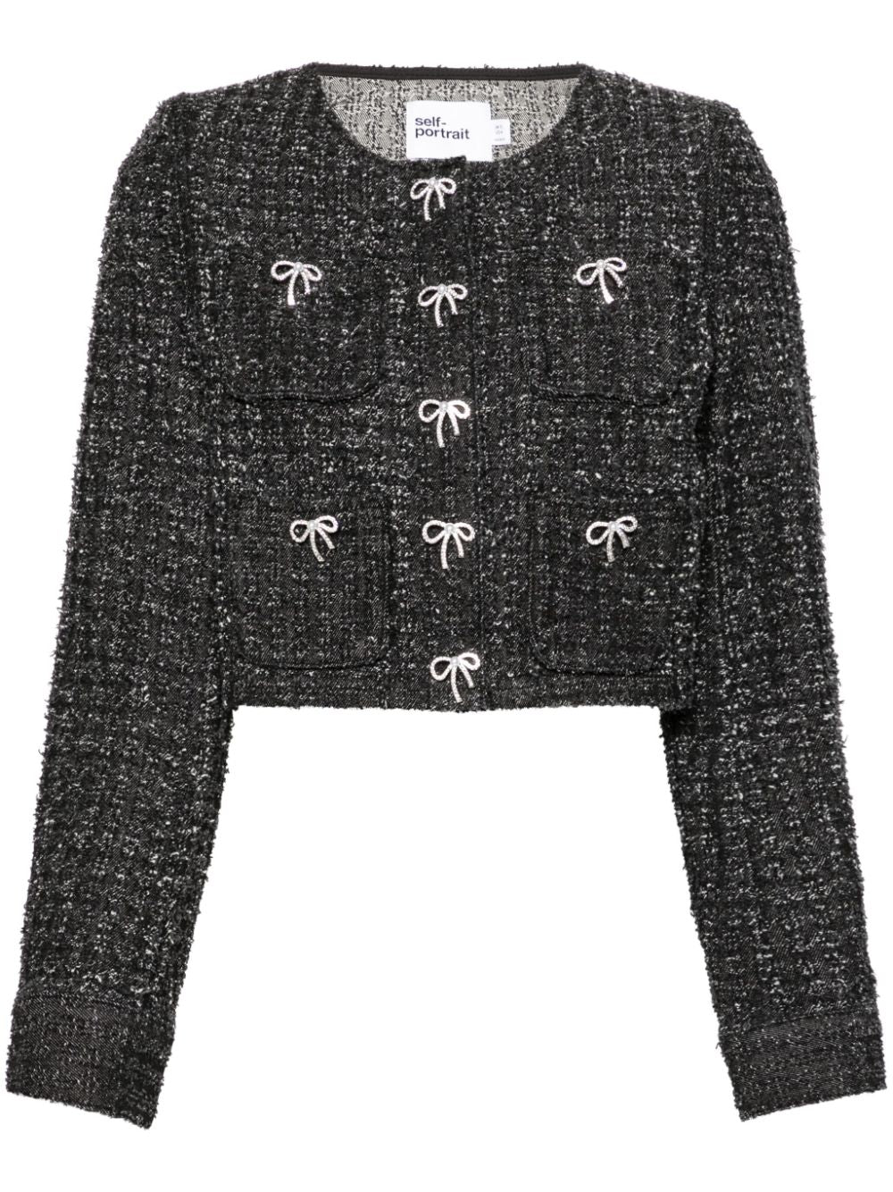 Self-Portrait Black Tweed Embellished Bow Button Jacket UK 16