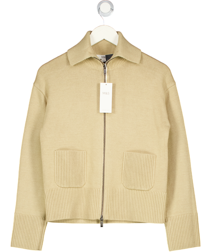 M&S Beige Cotton Rich Pocket Detail Collared Knitted Jacket UK S
