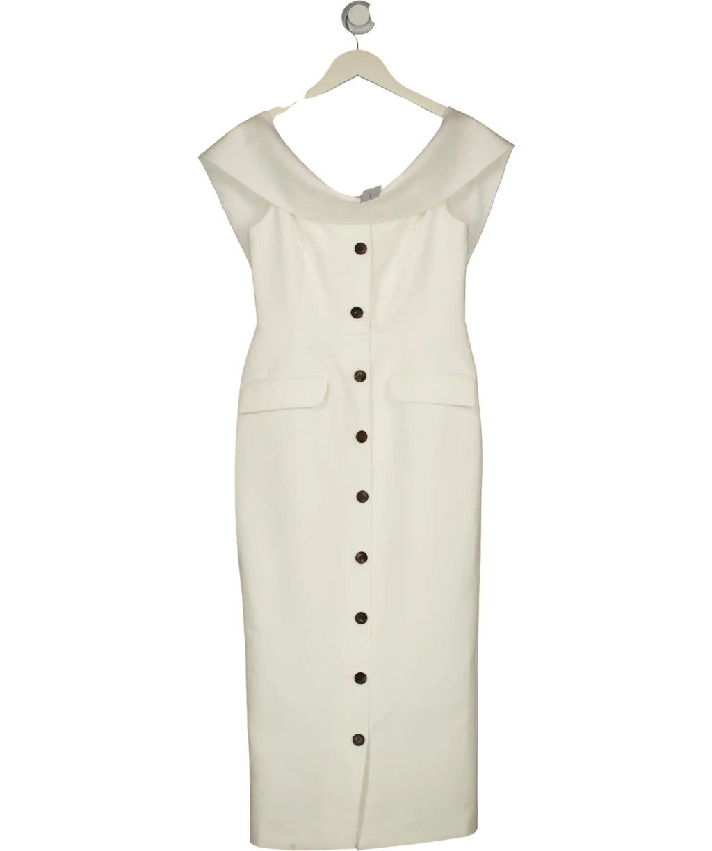 KAREN MILLEN Ivory White Tailored Bardot Button Through Midi Dress UK 8