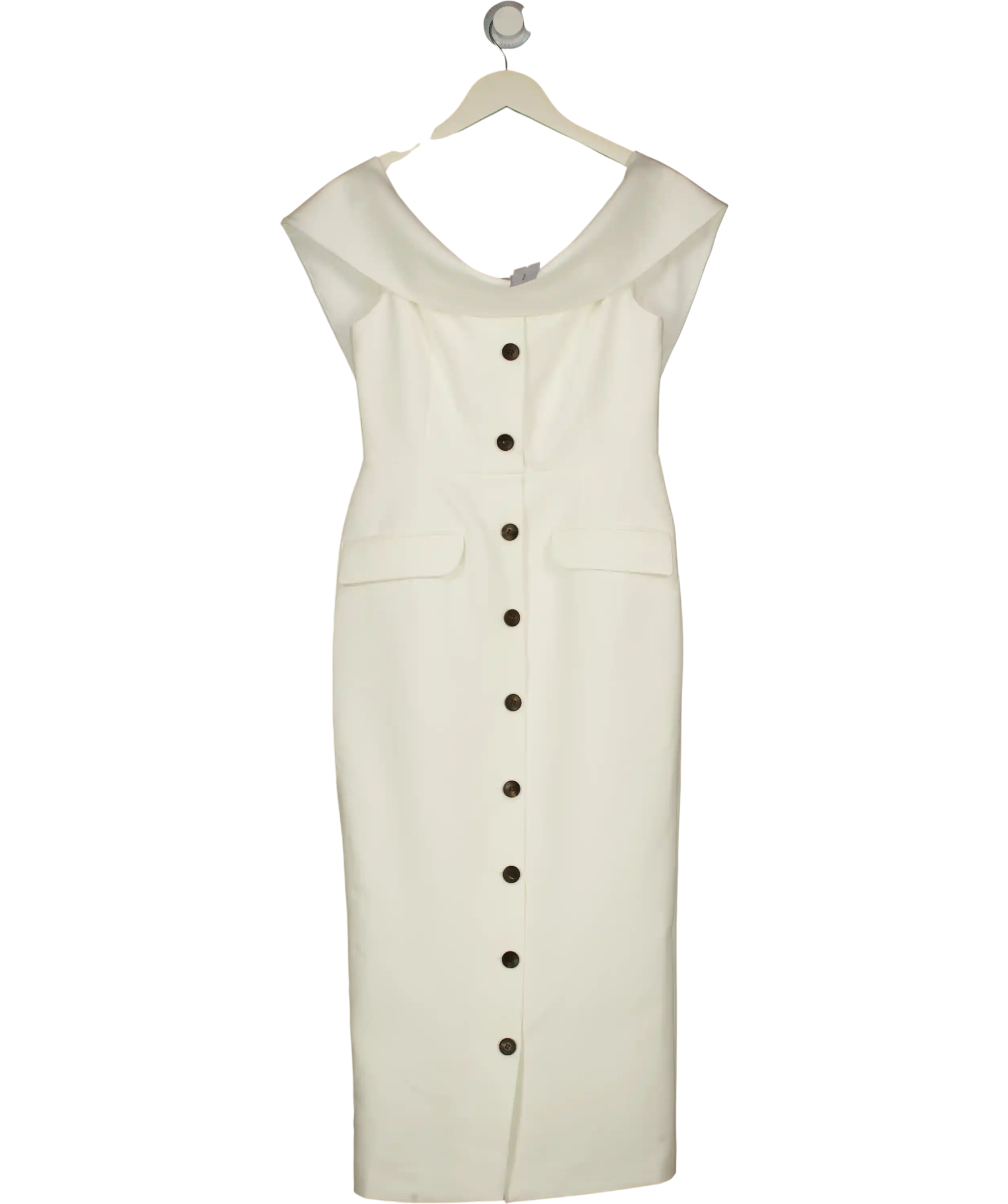 KAREN MILLEN Ivory White Tailored Bardot Button Through Midi Dress UK 8