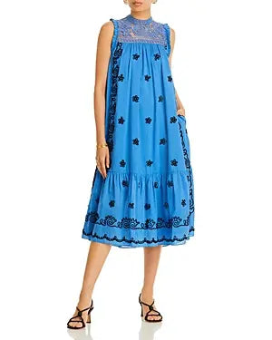 Rhode Resort Blue Lotta Midi Dress In Pacific Rennes Applique UK M