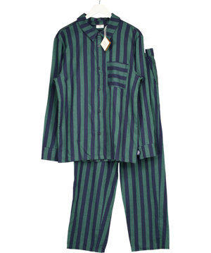 Chelsea Peers Green Organic Cotton Stripe Button Up Long Pyjama Set - Navy UK M