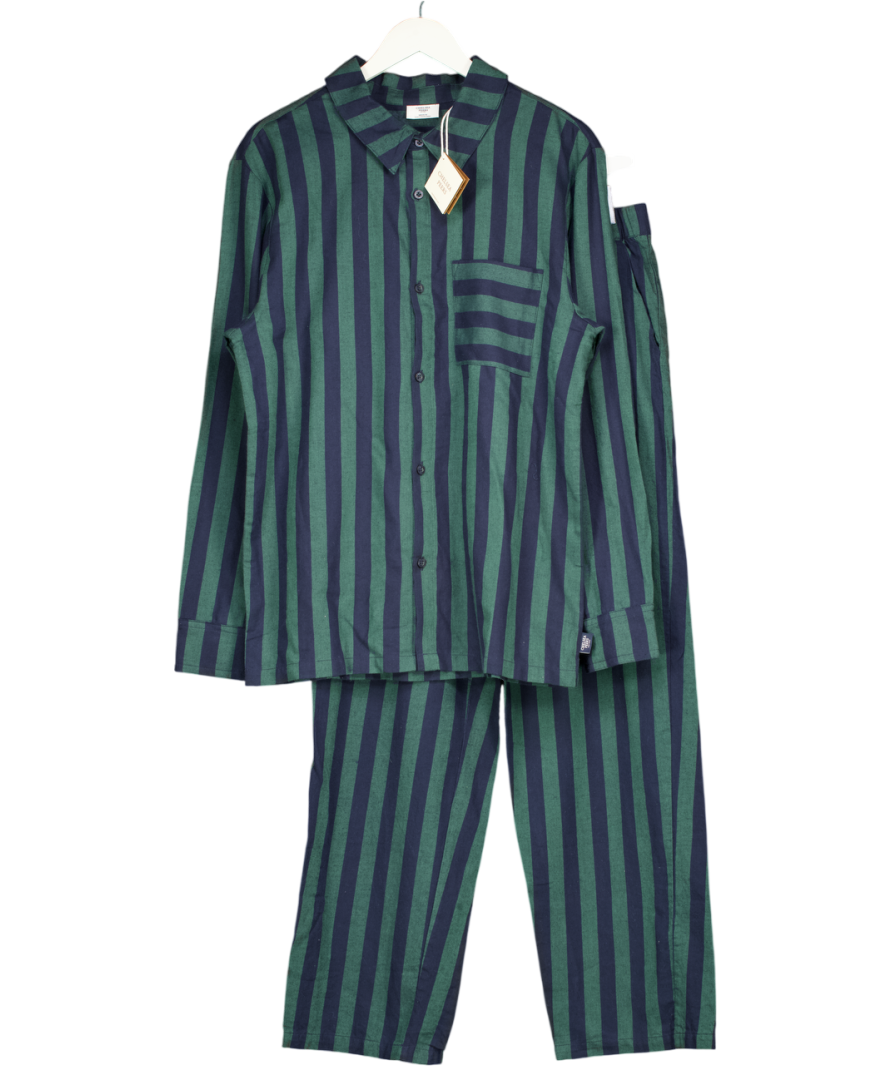 Chelsea Peers Green Organic Cotton Stripe Button Up Long Pyjama Set - Navy UK M